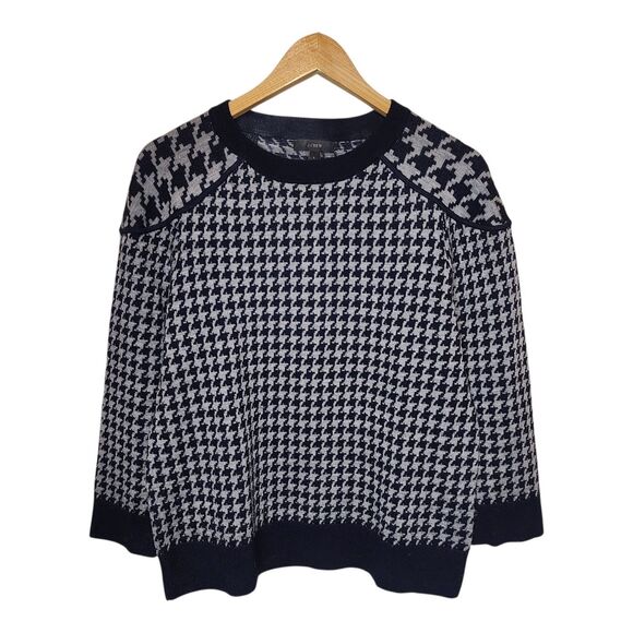 J Crew 100% Merino Wool Sweater Houndstooth Womens Large Navy Blue Gray - Picture 1 of 13